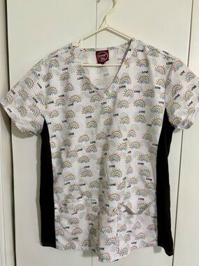 White Rainbow Print V-Neck Scrub Top with Black Side Panels